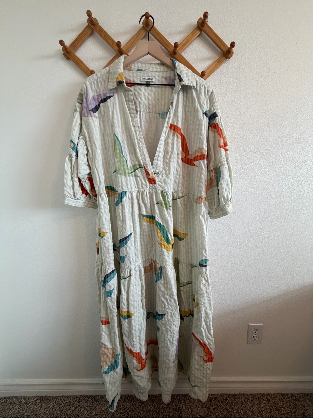 Anthropologie Celandine Carolita Tiered Maxi Shirt Dress 1X Boho Beachy Birds